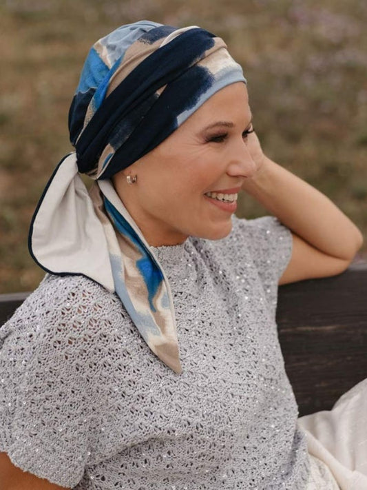Felice Sjaal Mutsje Doris Print - chemo sjaaltje - alopecia hoofddoekje | blauw multi