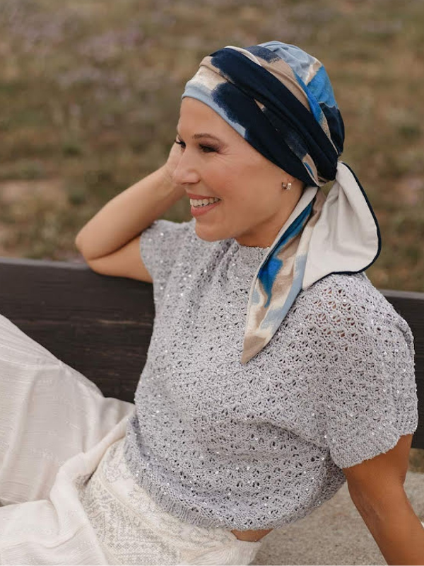 Felice Sjaal Mutsje Doris Print - chemo sjaaltje - alopecia hoofddoekje | blauw multi