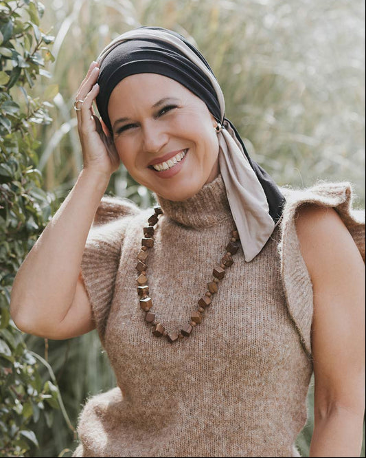 Felice Sjaal Mutsje Doris Print - chemo sjaaltje - alopecia hoofddoekje | black - sand